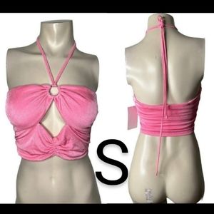 🆕Pink Stretchy Halter Cut Out Cropped Top~Size S